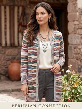 Peruvian Connection Marled Long Button Down Cardigan Sweater Duster S